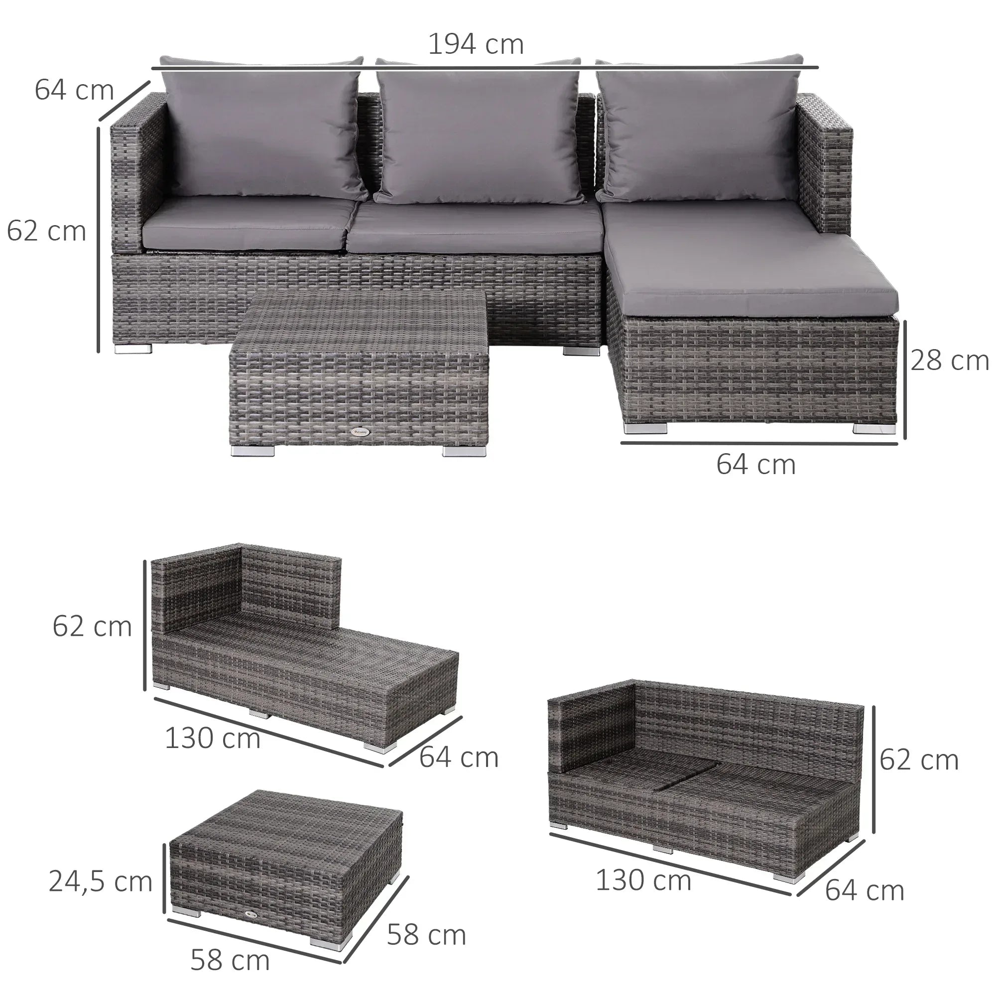 3PC Rattan Garden Furniture Storage Sofa Set 4 Seater Wicker Coffee Table Conservatory Sun Lounger Reclining Set Outdoor Weave with Cushion Grey - Bobobiy