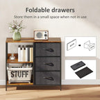 Black storage cabinet with foldable gray fabric drawers and open shelving