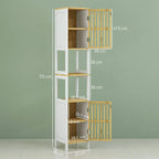 White tall bathroom storage cabinet with bamboo slatted doors and open shelves, side view