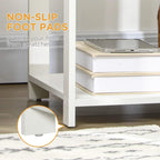 White square side table showing bottom shelf and foot pads for floor protection