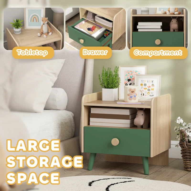 Kids bedside cabinet with green drawer and open compartments, light wood frame