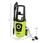 Green and black high-pressure washer with dimensions, trigger gun, and power cord