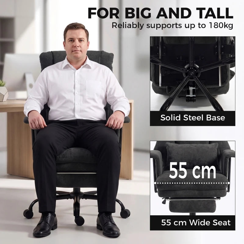 Black big-and-tall office chair with thick cushions, lumbar support, and solid steel base