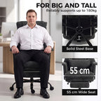 Black big-and-tall office chair with thick cushions, lumbar support, and solid steel base