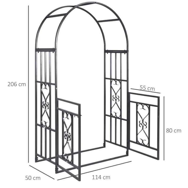 Dark grey metal garden arch with open double gates and arched top frame