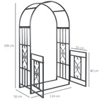 Dark grey metal garden arch with open double gates and arched top frame