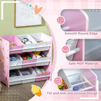 Open pink storage unit with white bins and safety-style rail details