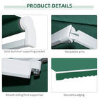 Green manual retractable awning details: aluminum brackets, sliding support bar, decorative edge