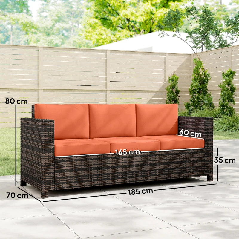 Orange 3-seat outdoor sofa with dark rattan sides and wide cushioned bench seat