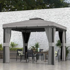 Light grey outdoor gazebo canopy with hanging curtains and side openings