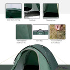 Green dome tent layout showing mesh vents, vestibule, sleeping area, and carry bag