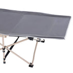 Grey camping cot fabric bed with stitched edges and black strap fasteners