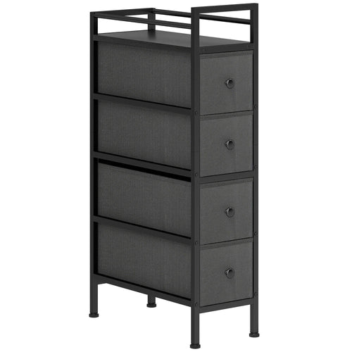 Black slim 4-drawer fabric dresser with steel frame, front metal knobs, open shelf top