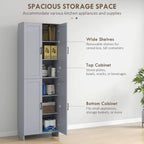 Grey kitchen storage cabinet with open doors, wide shelves, and upper and lower compartments