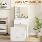 White vanity mirror cabinet with open shelves and drawers, compact dressing table