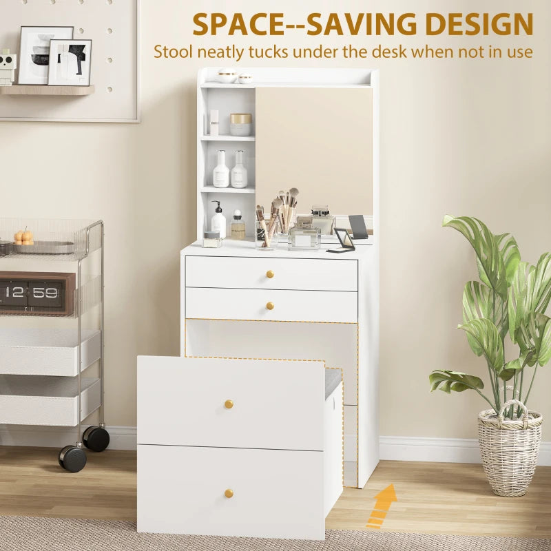 White vanity mirror cabinet with open shelves and drawers, compact dressing table