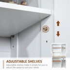 White freestanding kitchen cabinet side showing adjustable shelf pins and open storage area