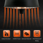 Close view of black infrared patio heater emitting warm glow from heating elements