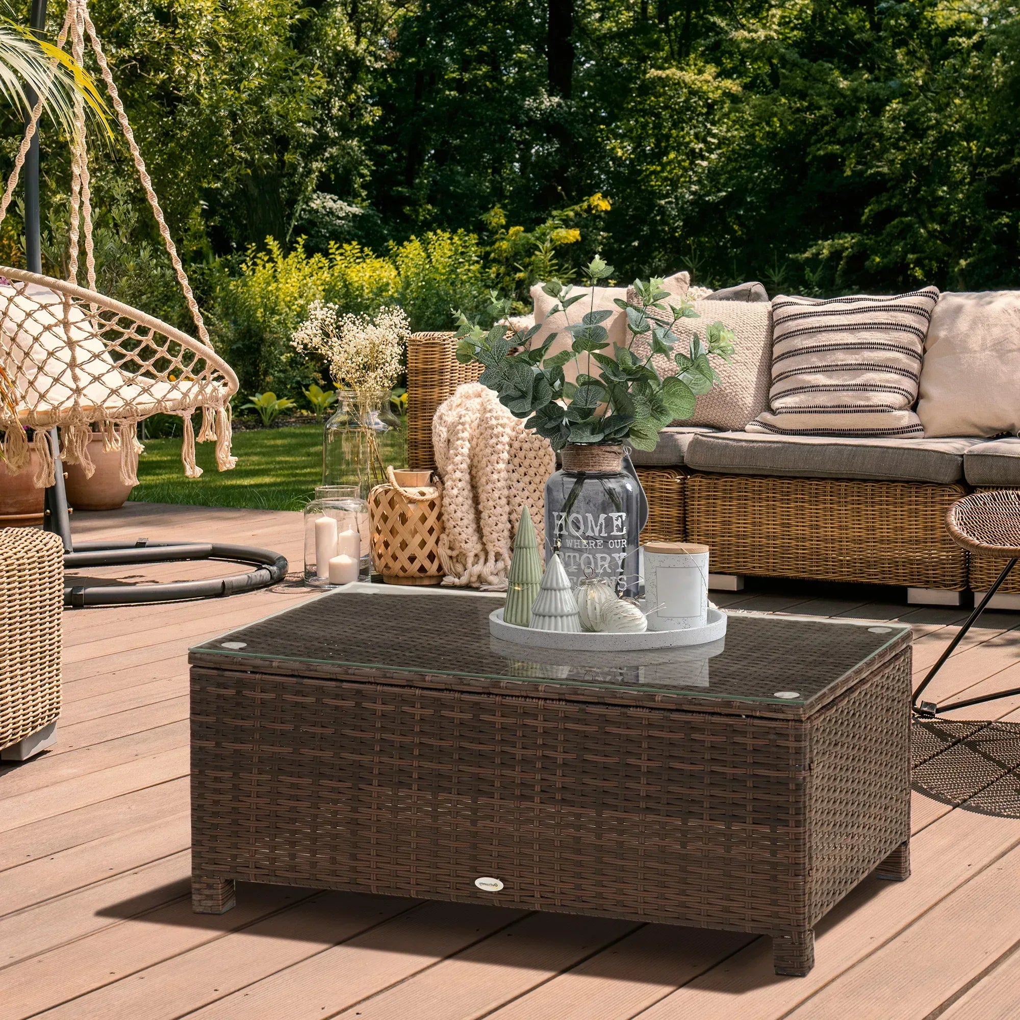 PE Rattan Garden Coffee Table with Glass Table Top - Brown - Bobobiy