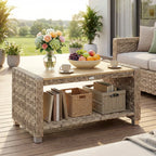 Light brown rattan outdoor coffee table with open storage shelf and slatted tabletop