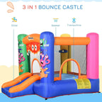3-in-1 inflatable bounce castle with monster graphics, orange slide, and basket ring