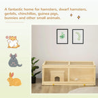 Natural wood hamster cage with hut and ramp, open front access, and mesh top panels