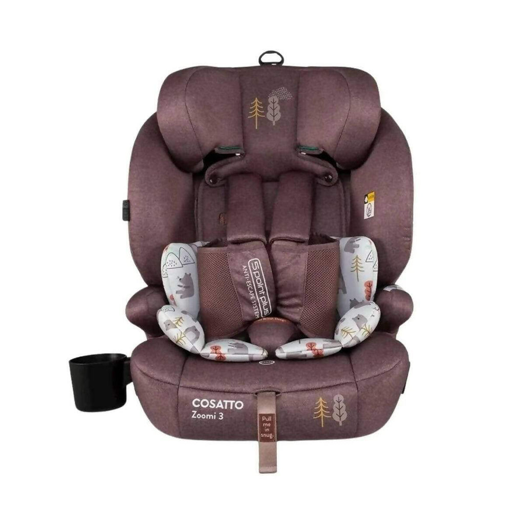 Rear-facing car seat in dark plum fabric with headrest and 5-point harness pads