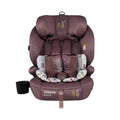 Rear-facing car seat in dark plum fabric with headrest and 5-point harness pads