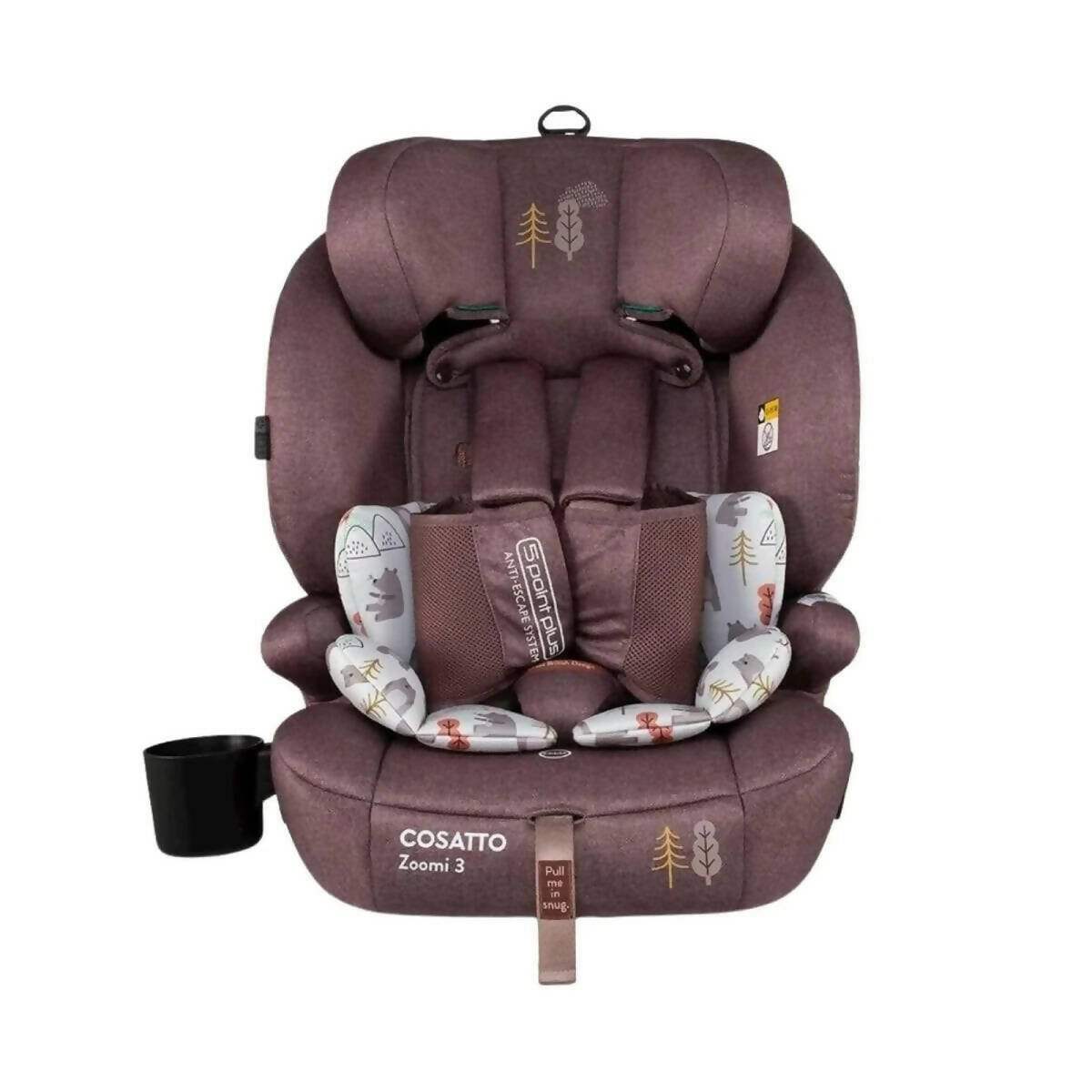 Rear-facing car seat in dark plum fabric with headrest and 5-point harness pads