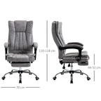 Grey microfibre desk chair with dimensions, armrests, and retractable footrest