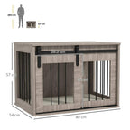 Dog crate furniture with front bar opening, sliding-latch front, and top cover panel