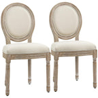 Set of two cream dining chairs with oval rattan-style backrests and padded seats