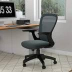 Grey mesh office chair with padded seat, swivel base, and flip-up armrests