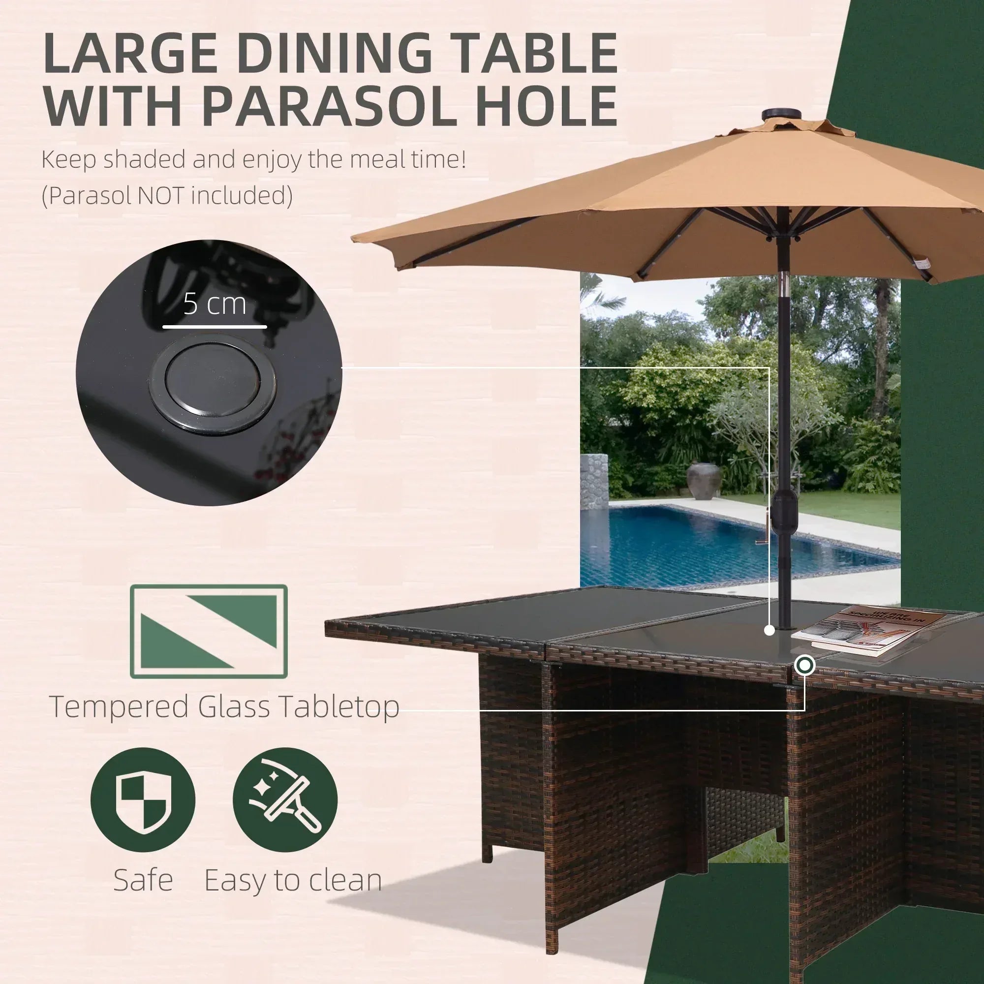 10 Seater Rattan Cube Garden Furniture Set with Parasol Hole, Rattan Dining Set with Cushions, Outdoor Dining Table and Chairs with Rectangular Glass Top Table for Patio, Mixed Brown - Bobobiy