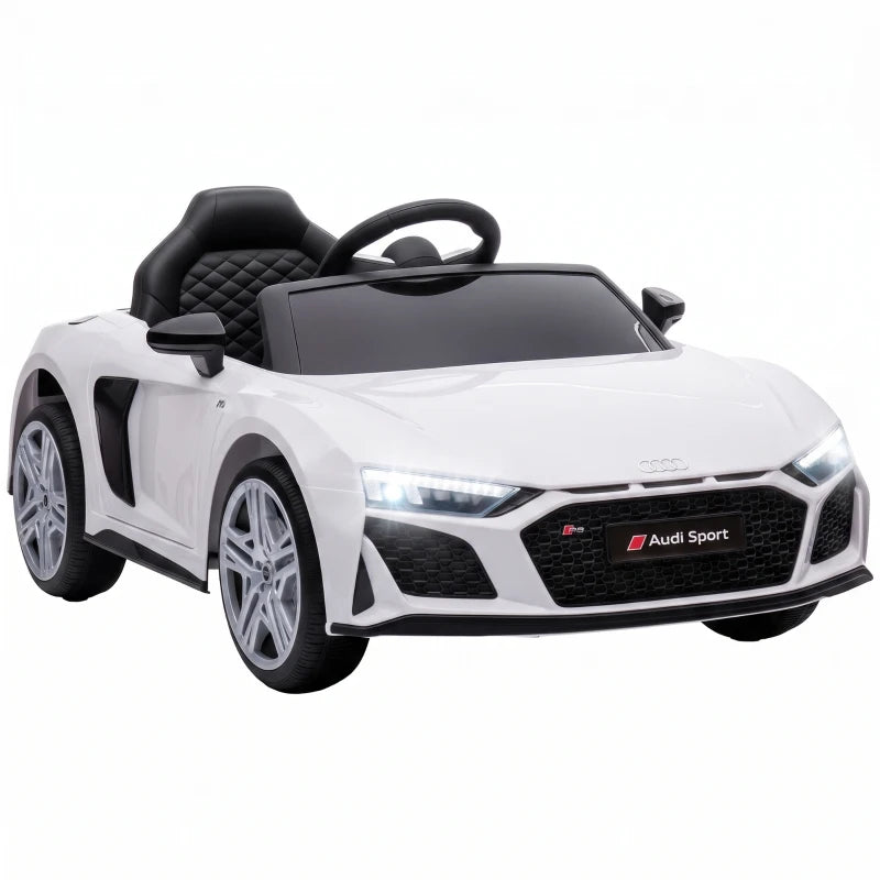 White kids electric ride-on car with black leather-style seat and open-top design
