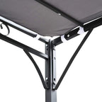 Grey metal pergola corner joint with canopy fabric and reinforced legs