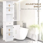 White bathroom cabinet with adjustable interior shelves and pull drawer below