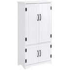 White floor storage cabinet with two upper doors, black handles, and two lower doors