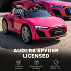 Pink kids Audi R8 Spyder ride-on car showing front and open black interior