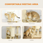 Beige cat tree comfort areas: platform, hammock, condo, and ladder