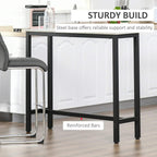 Rectangular bar table with black steel base frame and white marble-effect desktop