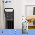 Black tower fan with handheld remote control showing buttons
