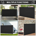 Retractable privacy screen panel in black fabric mounted on outdoor walls