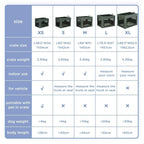 Size chart for pet carrier, showing crate size, crate weight, and dog body length.