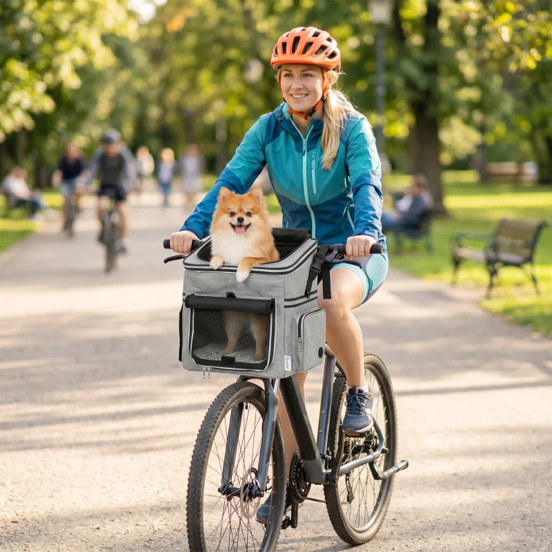 Light grey dog bike basket with mesh front window and open top carrier