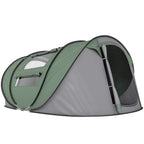 Dark green pop-up camping tent with gray door and mesh window openings on side