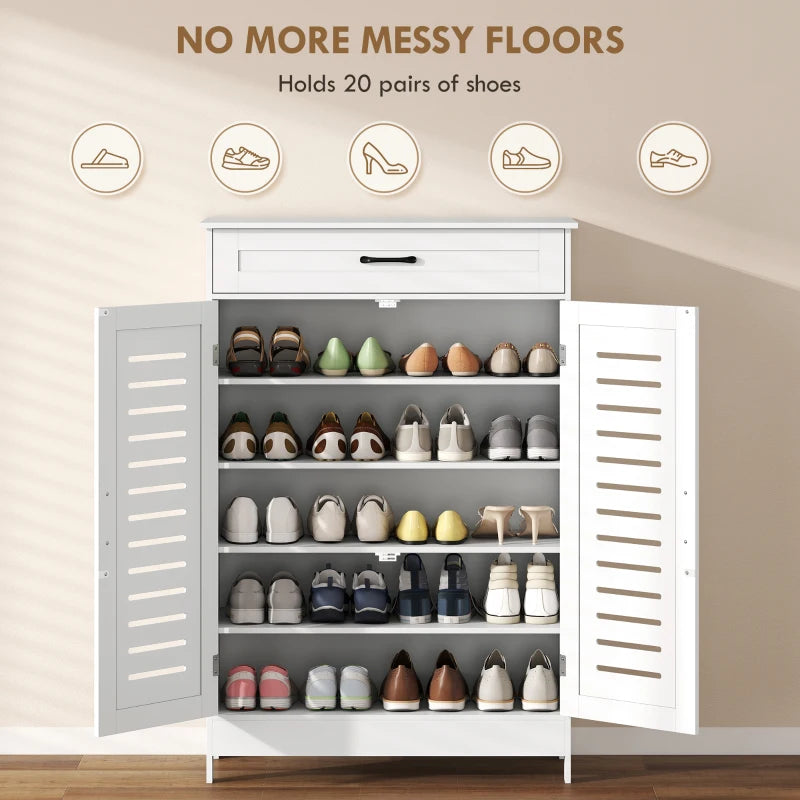 White shoe cabinet with drawer and louvered doors holding shoes on open shelves