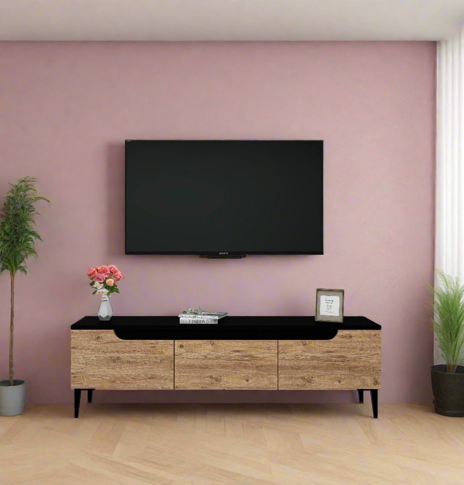 Modern TV Stand for 65-Inch TVs | 3 Cabinets, Water-Resistant Finish, Easy Assembly-Amiray