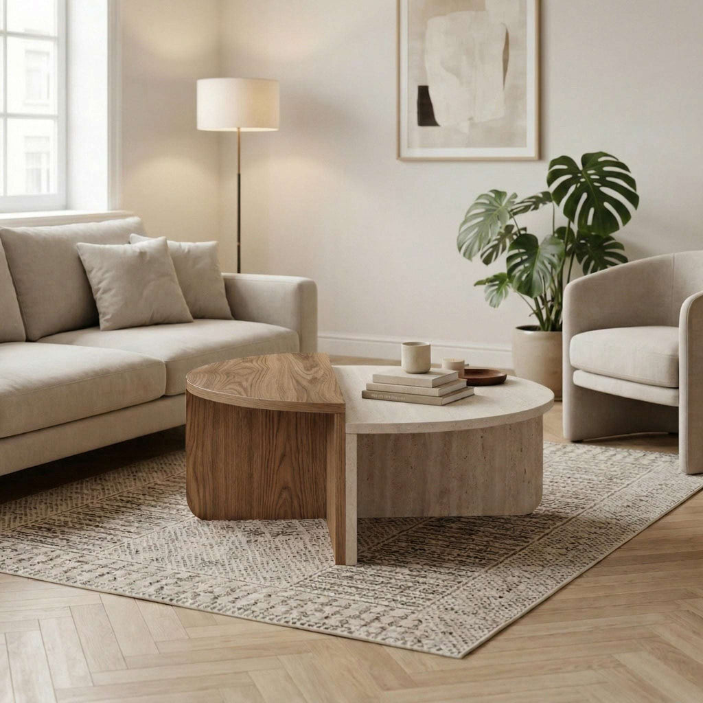 Modern round coffee table with round travertine top and dark wood base, solid legs