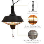 Black hanging halogen patio heater with sturdy chain and mesh cover